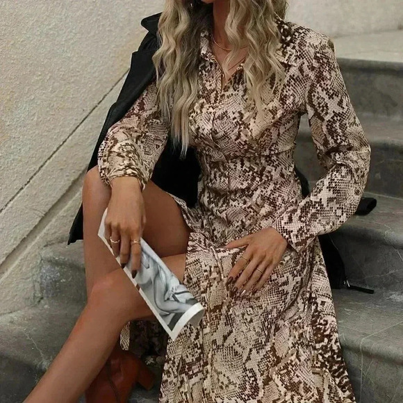 Multicolor Casual Womens Snakeskin Print Button Front Shirt Dress - Picture 1 of 5